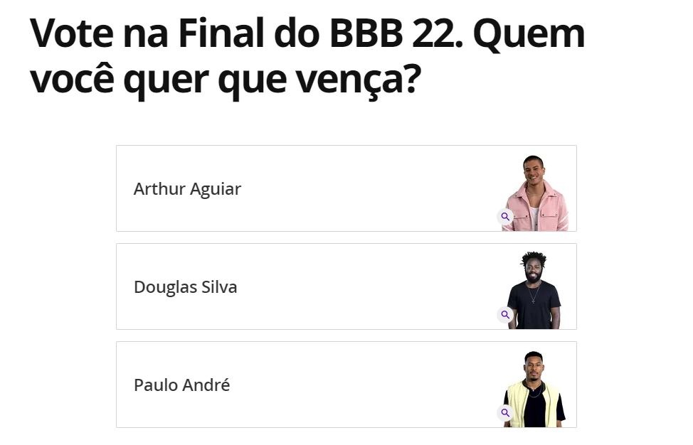 Gshow: Veja como votar na final do BBB entre Arthur, Douglas e PA