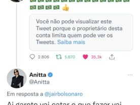 ‘Vai catar o que fazer’, responde Anitta a Bolsonaro antes de bloqueá-lo no Twitter