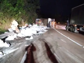 Caminhão tomba e complica trânsito na serra de São Luiz do Purunã